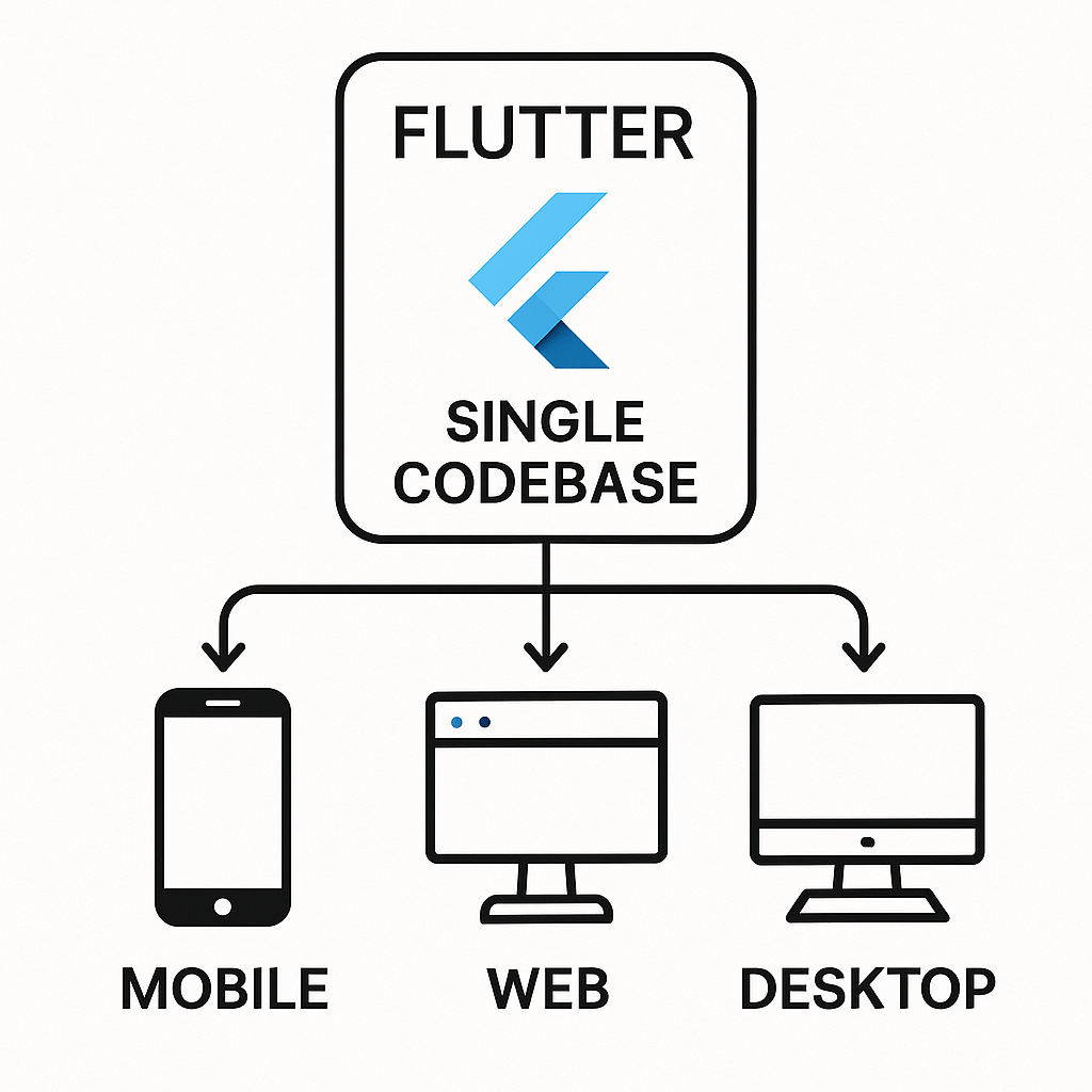 Diagram showing a single Flutter codebase deploying to mobile, web, and desktop.