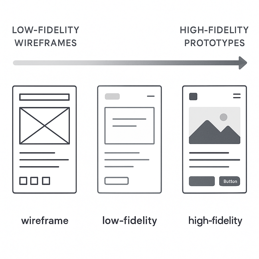 Diagram showing the spectrum from low-fidelity wireframes to high-fidelity prototypes