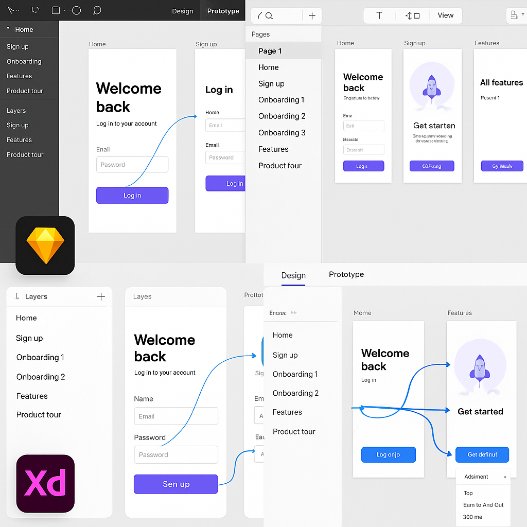 A collage of prototyping tool interfaces like Figma, Sketch, and Adobe XD