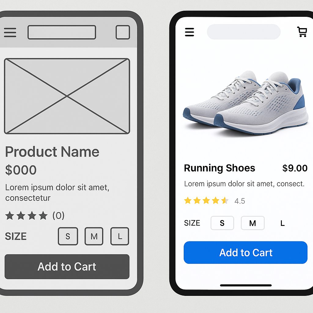 Side-by-side comparison of a low-fidelity wireframe and a high-fidelity prototype screen