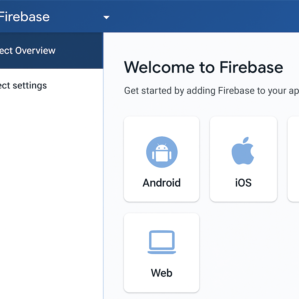 Firebase project dashboard showing app registration options