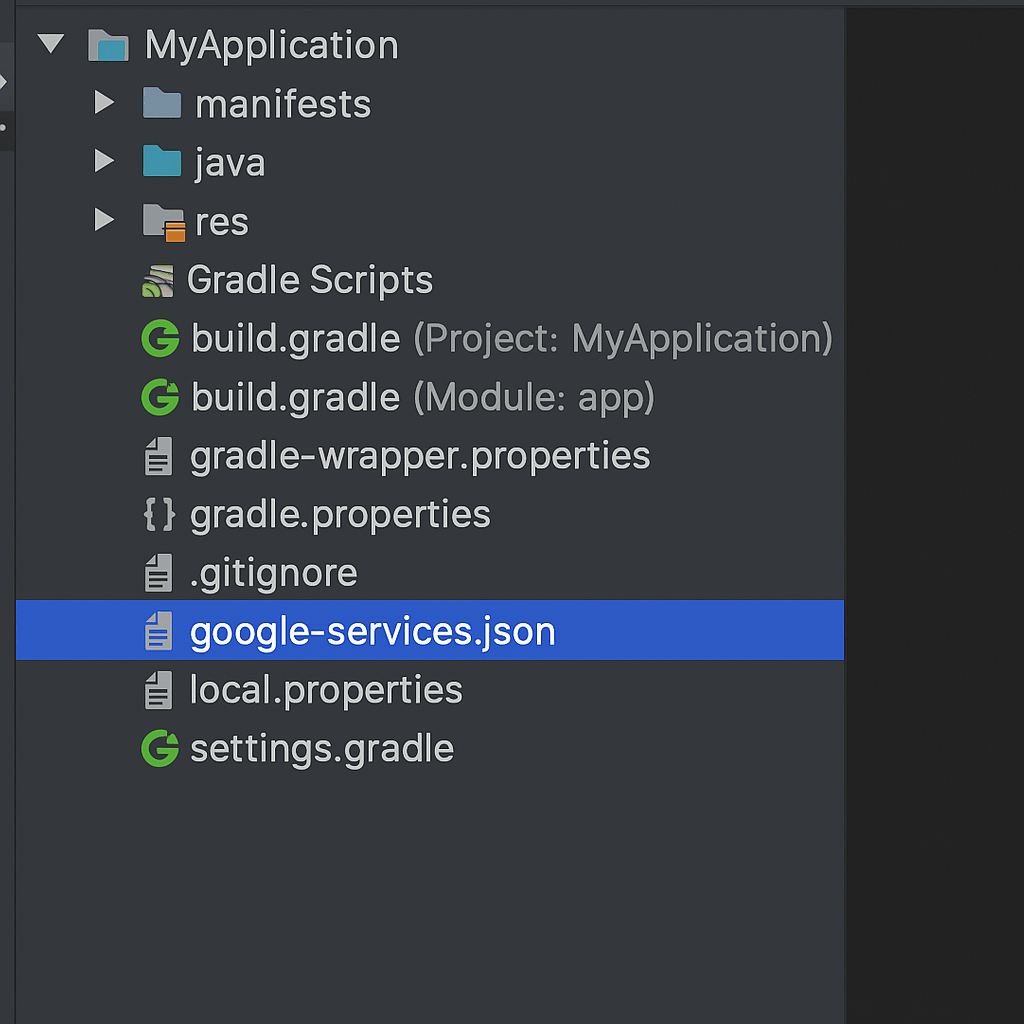 Screenshot of Android Studio project structure showing google-services.json location