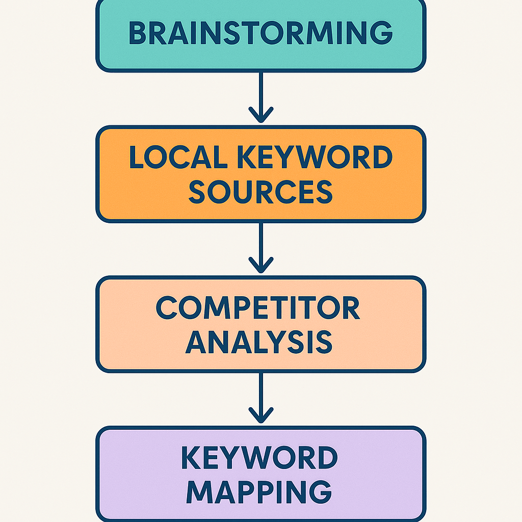 A flowchart showing the process of hyper-local keyword research, from initial brainstorming to competitor analysis and final keyword mapping.