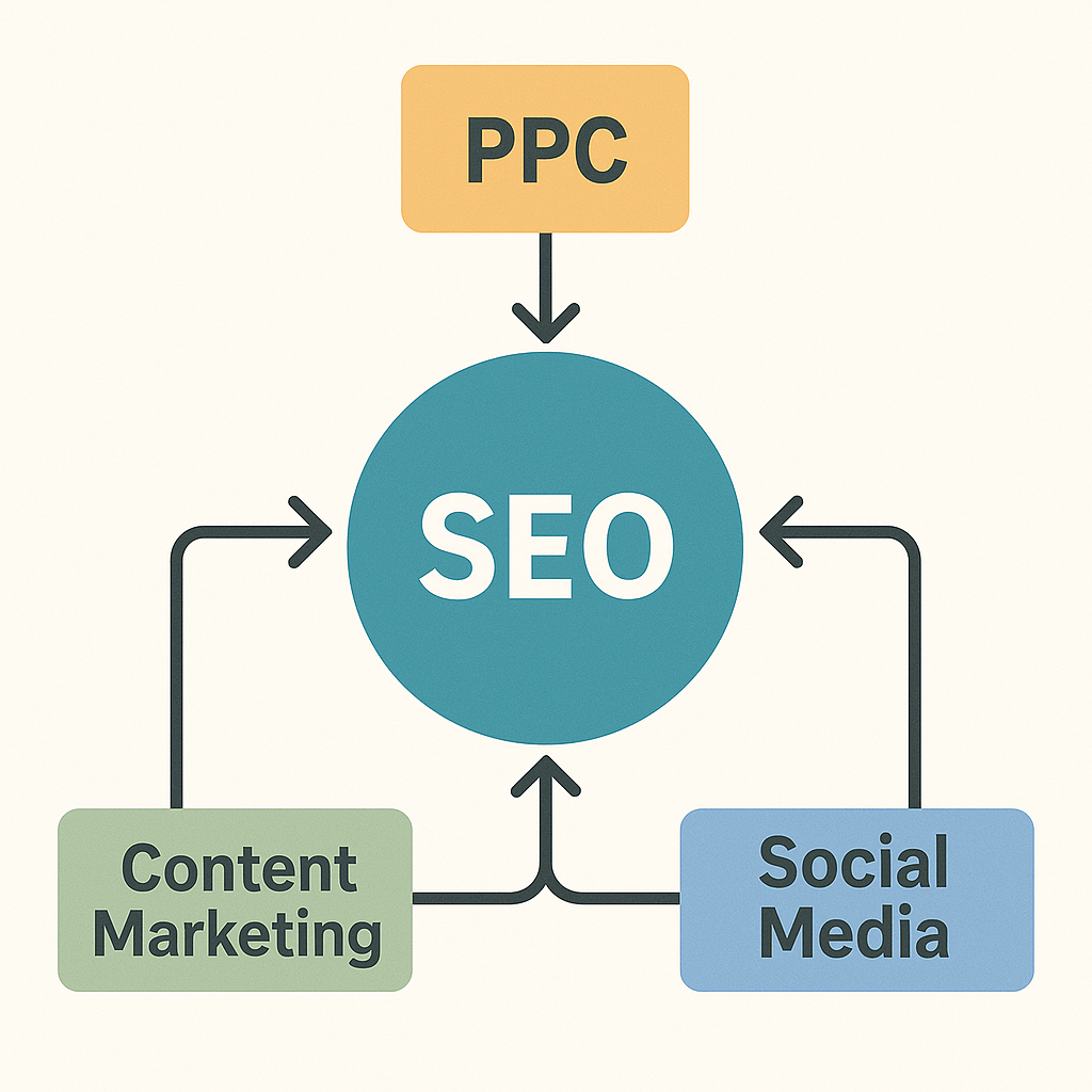 An infographic showing SEO at the center of a digital marketing strategy, with arrows connecting to PPC, Social Media, and Content Marketing, demonstrating a synergistic relationship.