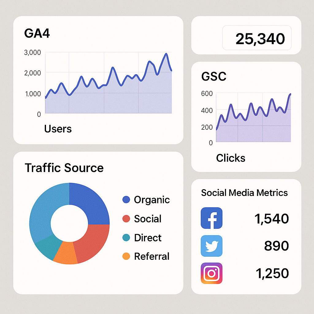 Dashboard showing various integrated data sources like GA4, GSC, and social media metrics.