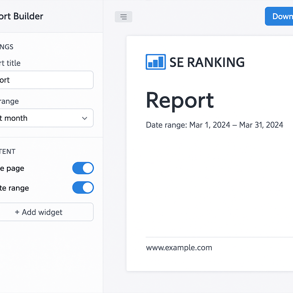 The SE Ranking report builder interface showing customization options.