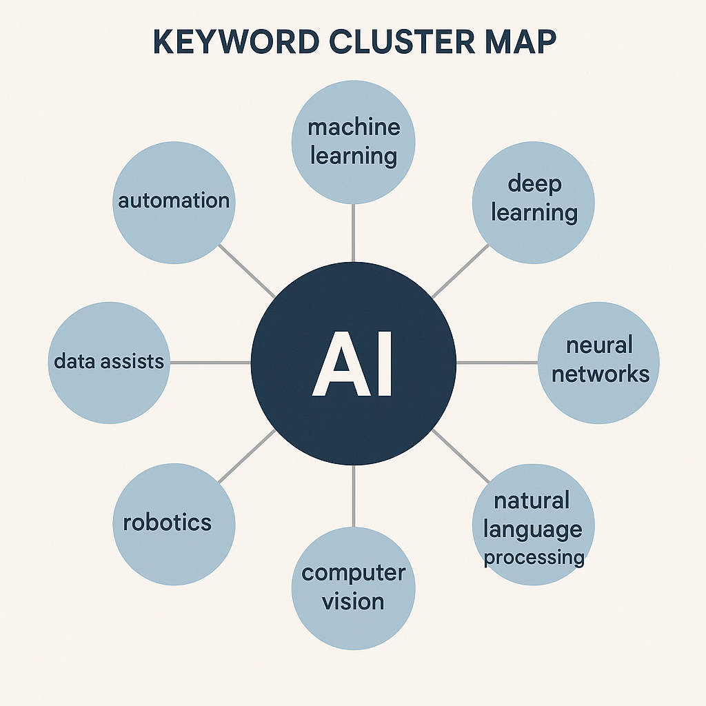 AI-driven keyword cluster map showing central topic and related local subtopics