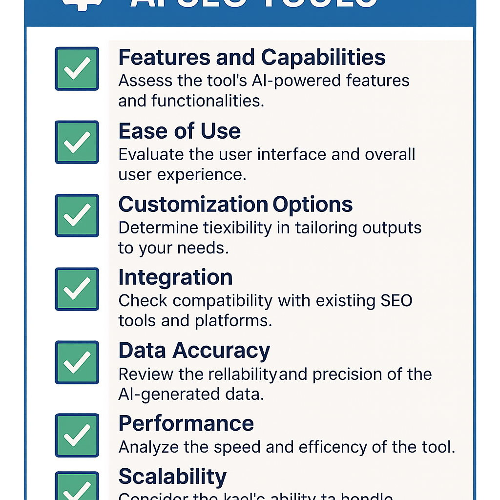 A checklist infographic for evaluating AI SEO tools