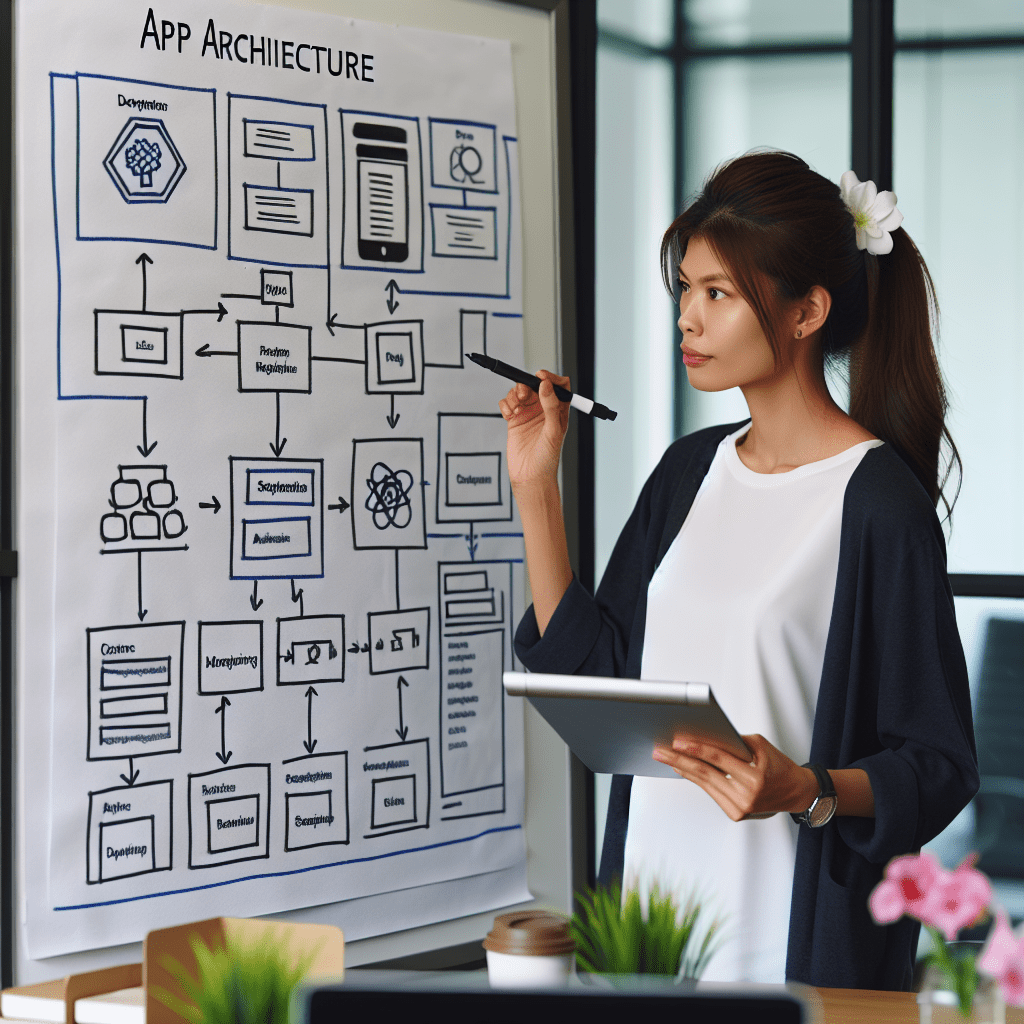 Developer at a whiteboard planning an app architecture