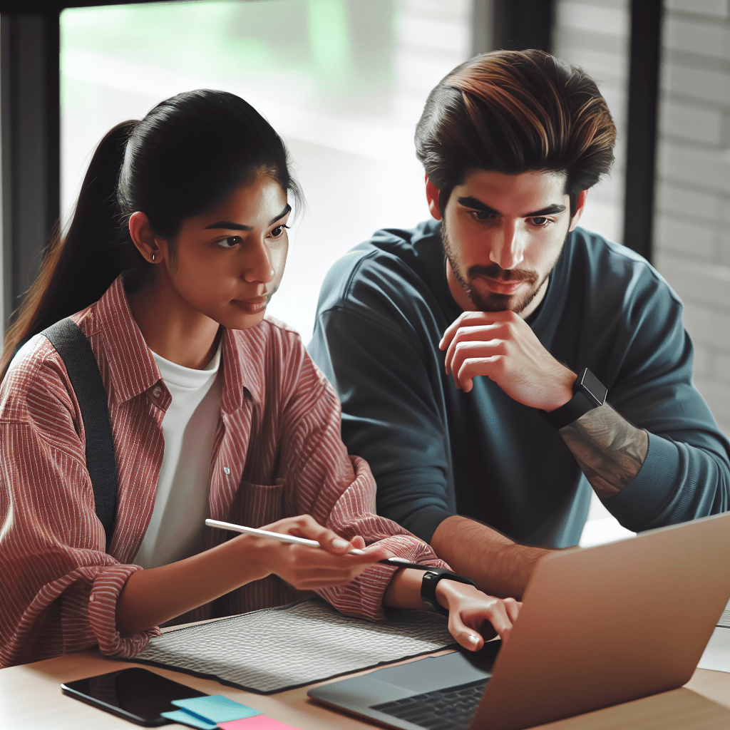 Two developers collaborating in front of a computer