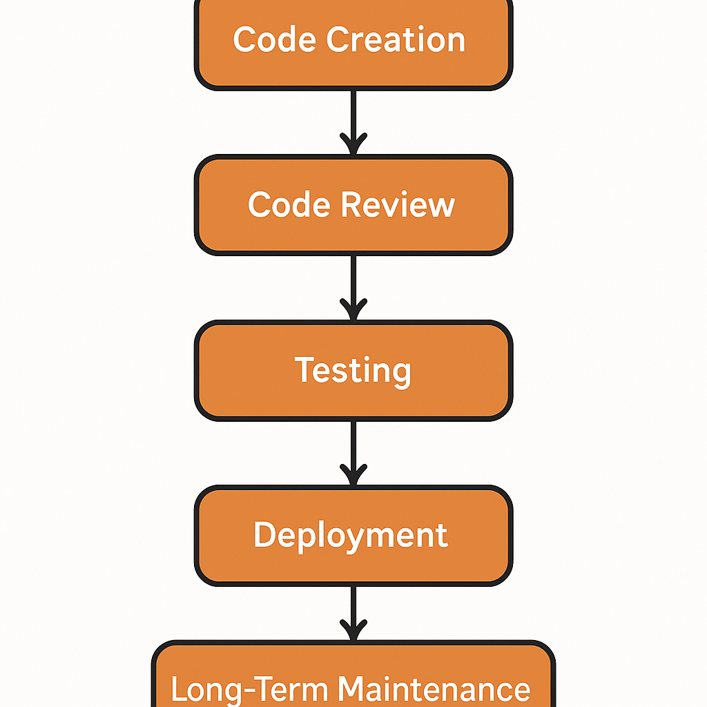 A flowchart showing the lifecycle of code from creation to long-term maintenance