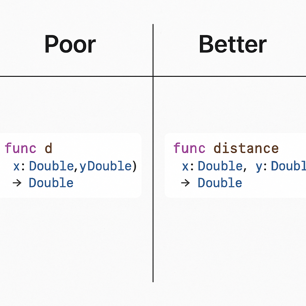 A side-by-side comparison of a poorly-named Swift function and a well-named one